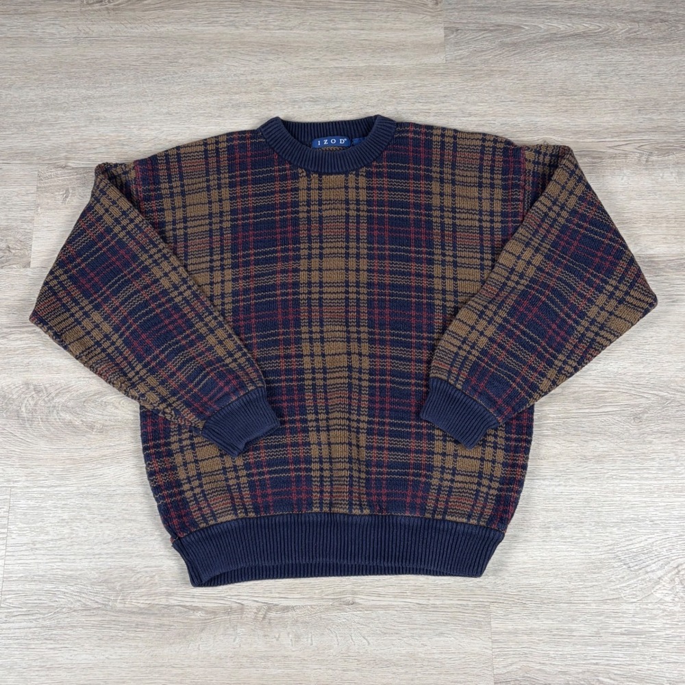 IZOD Crewneck Sweater Men Medium Blue Brown Plaid Cotton Knit Vintage 90s